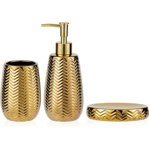 Gold Bathroom Accessories 3pcs Stylish Bathroom Accessories Set Gold Soap Dispenser Pump, Tumbler and Soap Dish Modern Decor Wavy Design Ceramic Bathroom Accessory Set