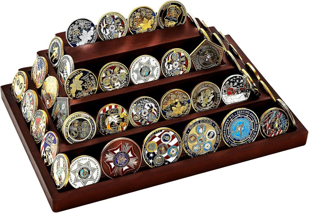 Challenge Coin Display Holder, Military Coin Display Stand 4-Tier for Collectors,Wooden Army Coins Collection Rack, Coin Stands for Display Desk Decor Walnut