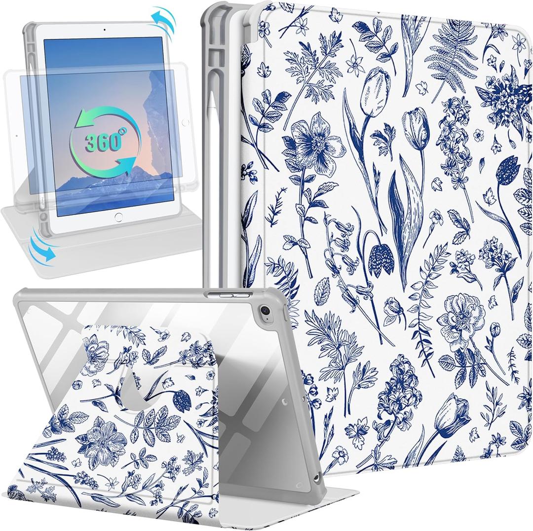 Kidcube for iPad 5th/6th Generation Case, for iPad Air 1st/2nd Gen, for iPad Pro 9.7 Inch Case Women Girls Cute Folio Cover with Pencil Holder Floral Flower Pretty Girly Rotating Stand Cases 2018/2017