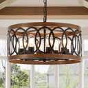 8-Light Farmhouse Drum Pendant Light,19.68'' Nature Wood Texture Vintage Rustic Chandeliers Black Metal Industrial Hanging Light Fixtures for Entryway, Bedroom Dining Room
