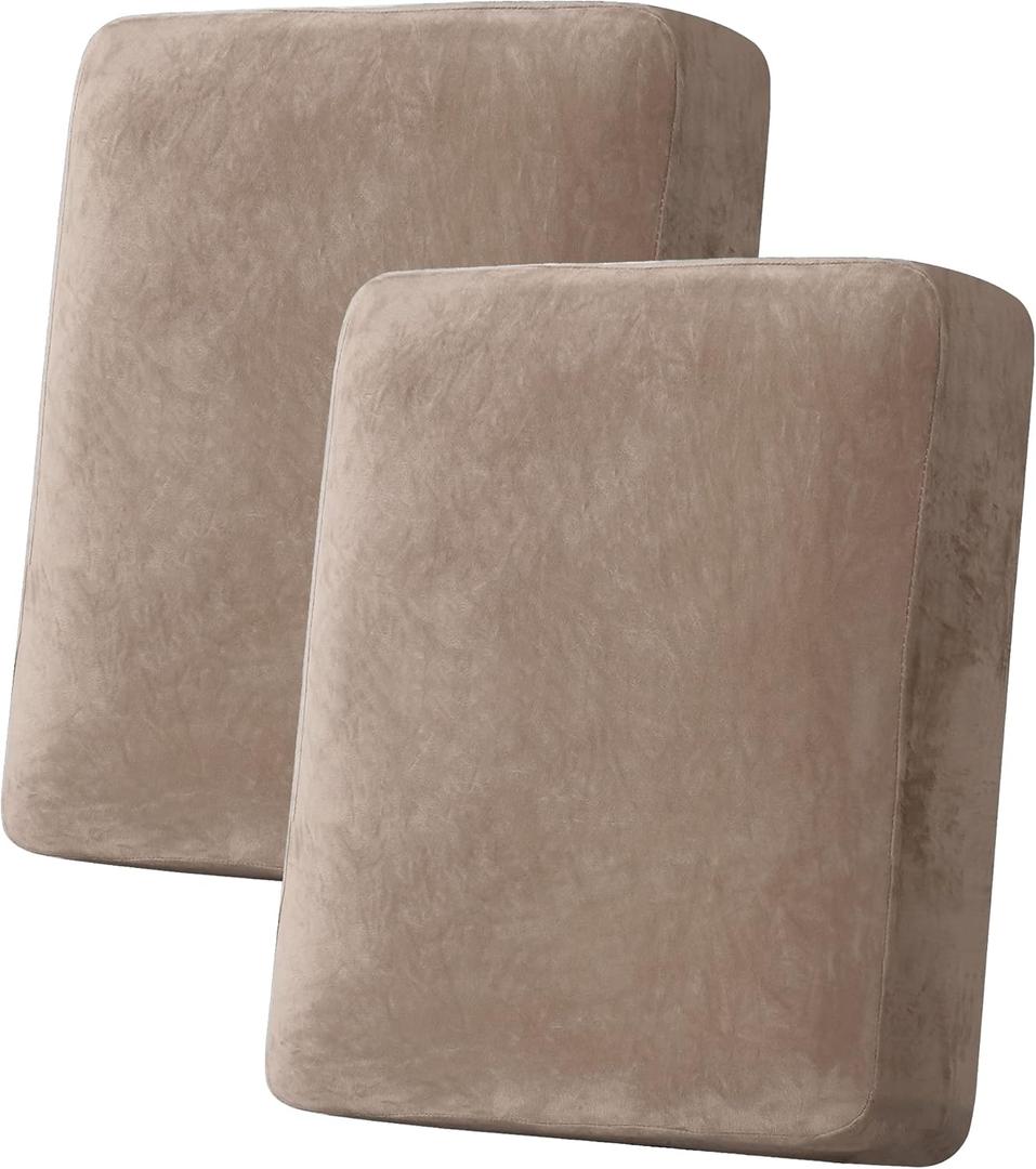 H.VERSAILTEX Velvet Stretch Couch Cushion Cover Plush Cushion Slipcover for Chair Loveseat Sofa Cushion Furniture Protector Seat Cushion Sofa Cover (2 Piece Medium Sofa Cushion Covers, Taupe), 9"D x 13"W x 2.5"H