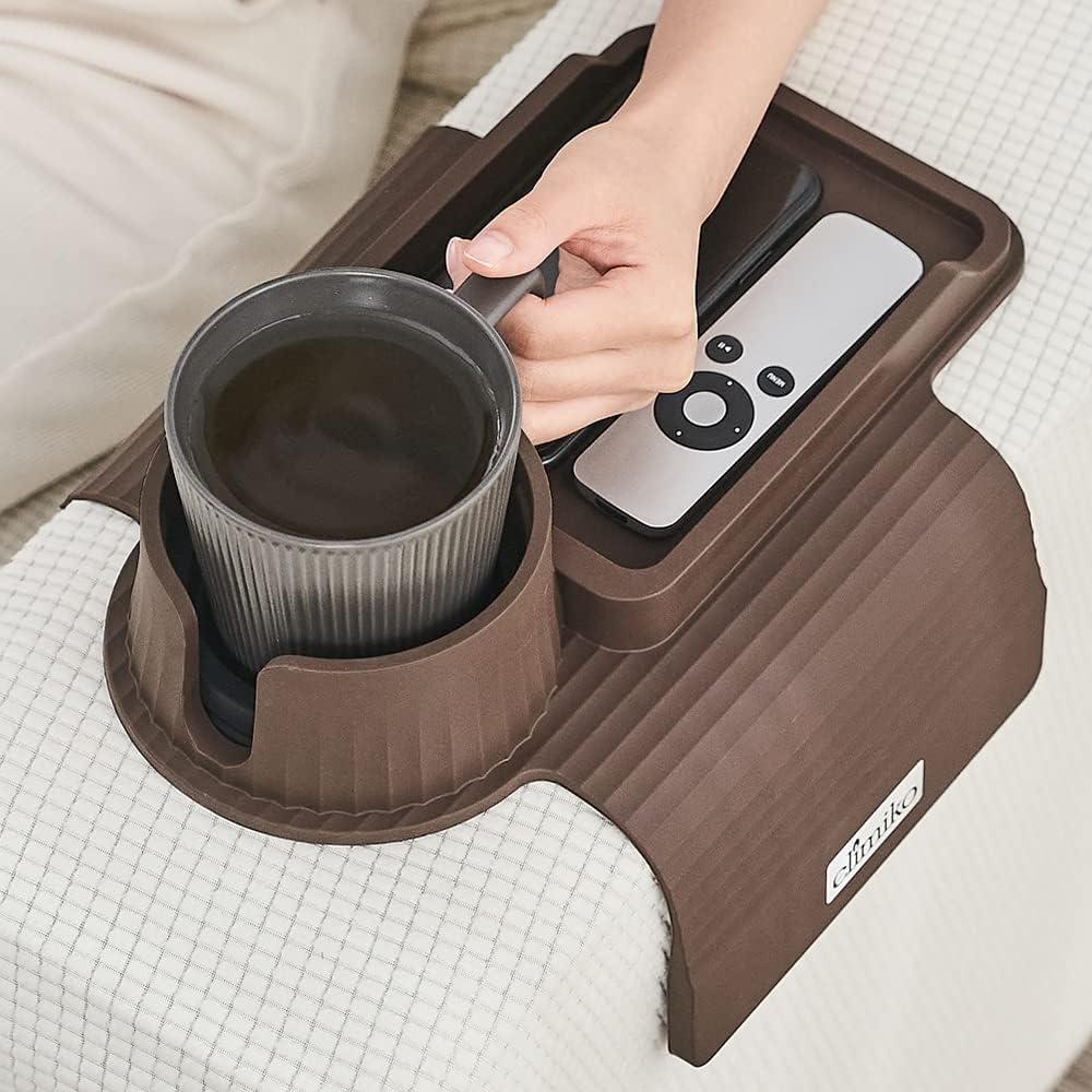 Couch Cup Holder Tray, Elimiko Silicone Sofa Drink Holder with Large Cup Holder and Tray, for Oversized Mugs/Long Remote/Snacks/Cellphone (Mocha Brown)
