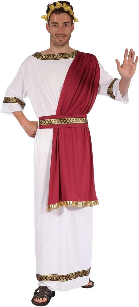 Kucos Mens Toga Costume Greek God Cosplay Robe Roman Emperor Toga Costume with Headband Belt Halloween Outfits (Medium, Red and White)