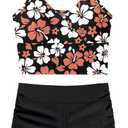 KANGKANG Girls Teen Floral Print Tankini 2Pcs Set V-Neck Blue High Rise Boyshort Swimsuits (9-10 Years, Black Flower)