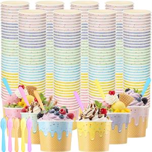 Jingmore 120 Set Paper Ice Cream Cups Bulk with Spoons 4 oz Disposable Sundae Bowls Colorful Paper Dessert Cups Containers for Snack Yogurt Soup Summer Bar Party Supplies