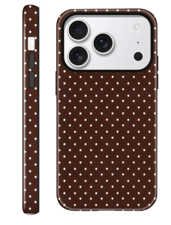 iPhone 17 Pro, Glossy Hybrid 2-Layer Hard Cover, Protective Scratch Resistant Shell, Brown Polka Dot