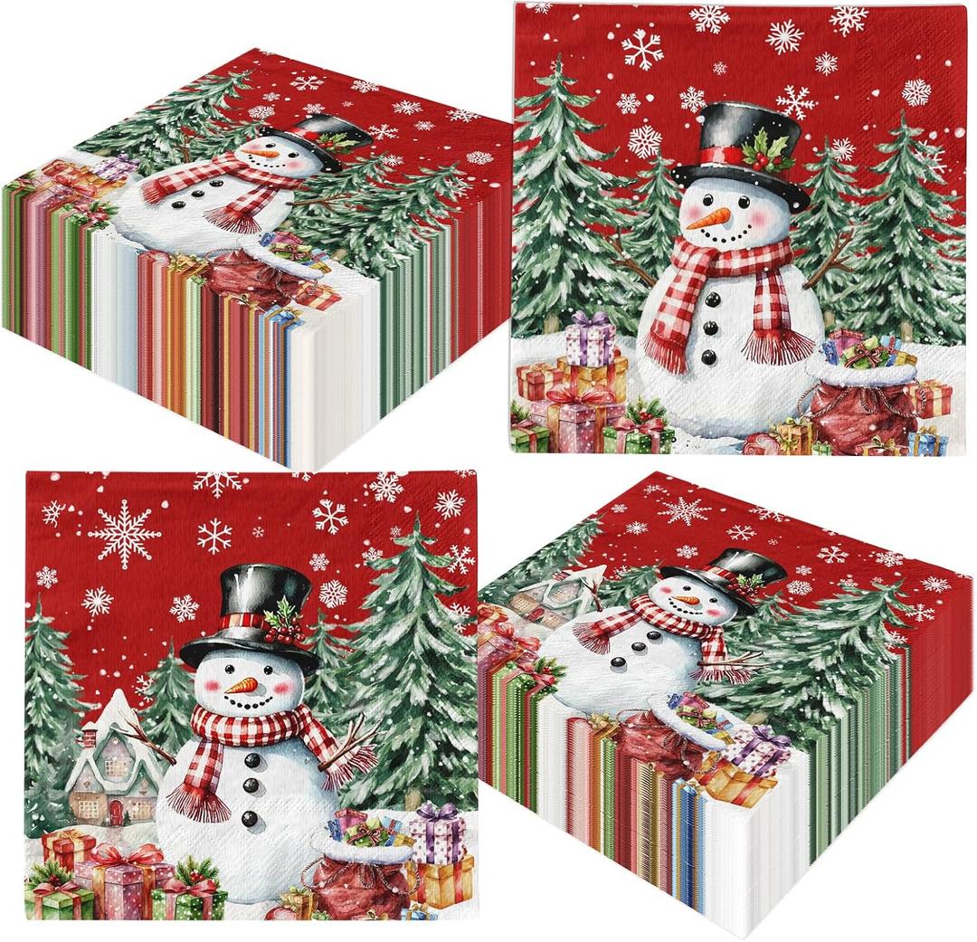 2 x Christmas Paper Napkins, 48pcs Red Snowman Napkins Snowflake Xmas Tree Disposable Winter Napkin for Christmas Holiday Supplies