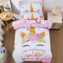 JQinHome Toddler Comforter for Girls, 5 Piece Bed in A Bag 3D Unicorn Sparkle Theme Bedding Set with 2 Pillowcases,1 Flat Sheet,1 Fitted Sheet (Unicorn Sparkle, Toddler Size 42" x 57")