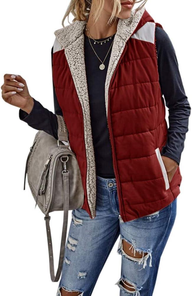 Womens Sherpa Fleece Full Zip Reversible Vest Warm Color Block Hoodie Outwear with Pocket (Large, Wine Red)