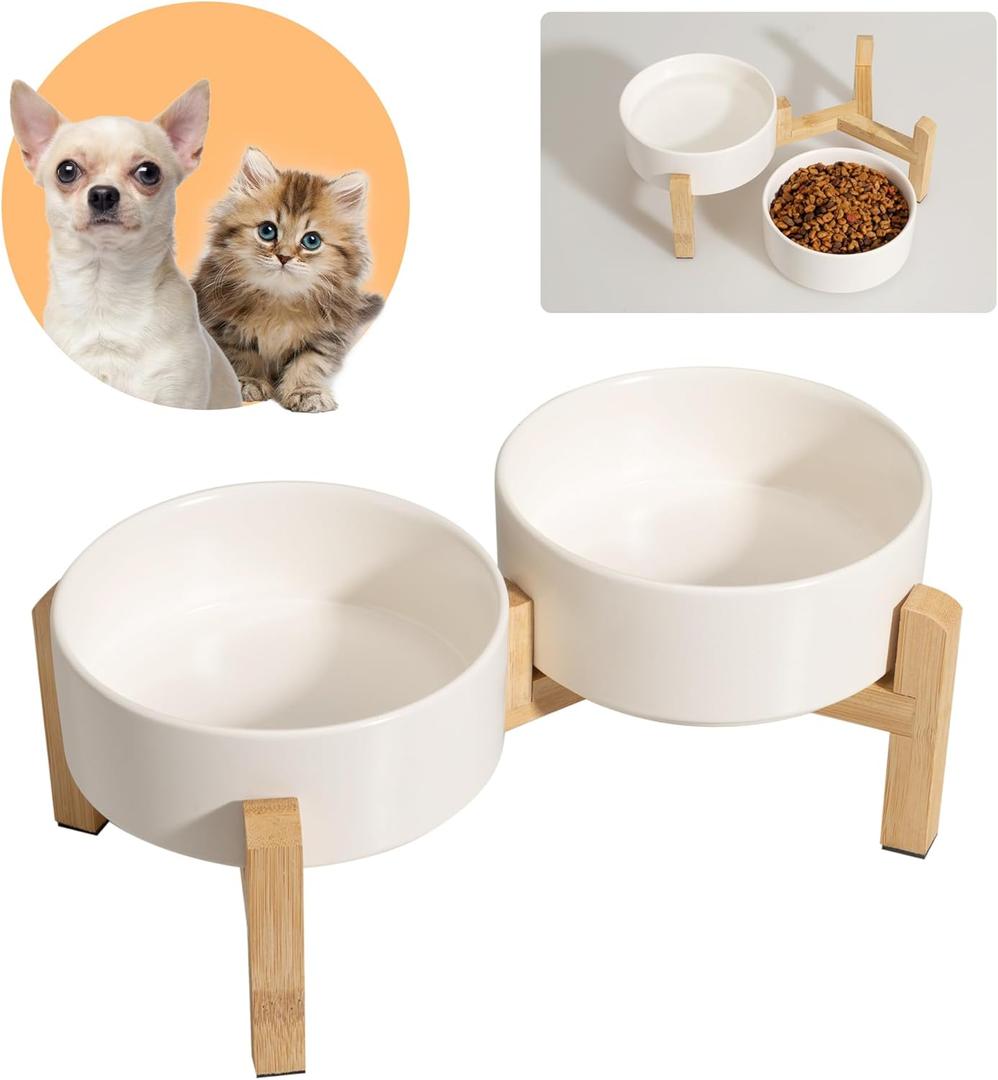 Elevated Ceramic Dog Bowl Set - Raised Feeding Bowls with Non-Slip Bamboo Stand - Small Pet Dishes for Food and Water - Ideal for Cats and Puppies - 16.23 OZ - 2 Cups - 480 ML (White)