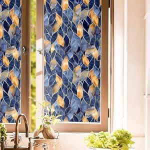 Golden Yellow Blue Leaf Mosaic Window Films Decorative Double-Side Privacy Film Self-Adhesive Static Glass Window Clings for Living Room Bathroom Glass Windows Decor  118"L x 15.7"W