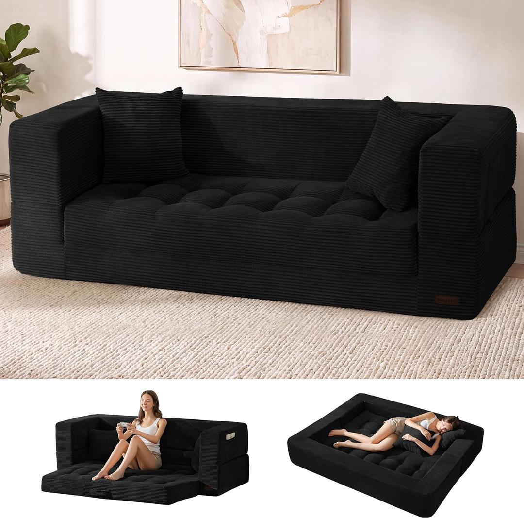 MAXYOYO Folding Sofa Bed, Convertible Boneless Loveseat Couch with Pillow, 3 Seater