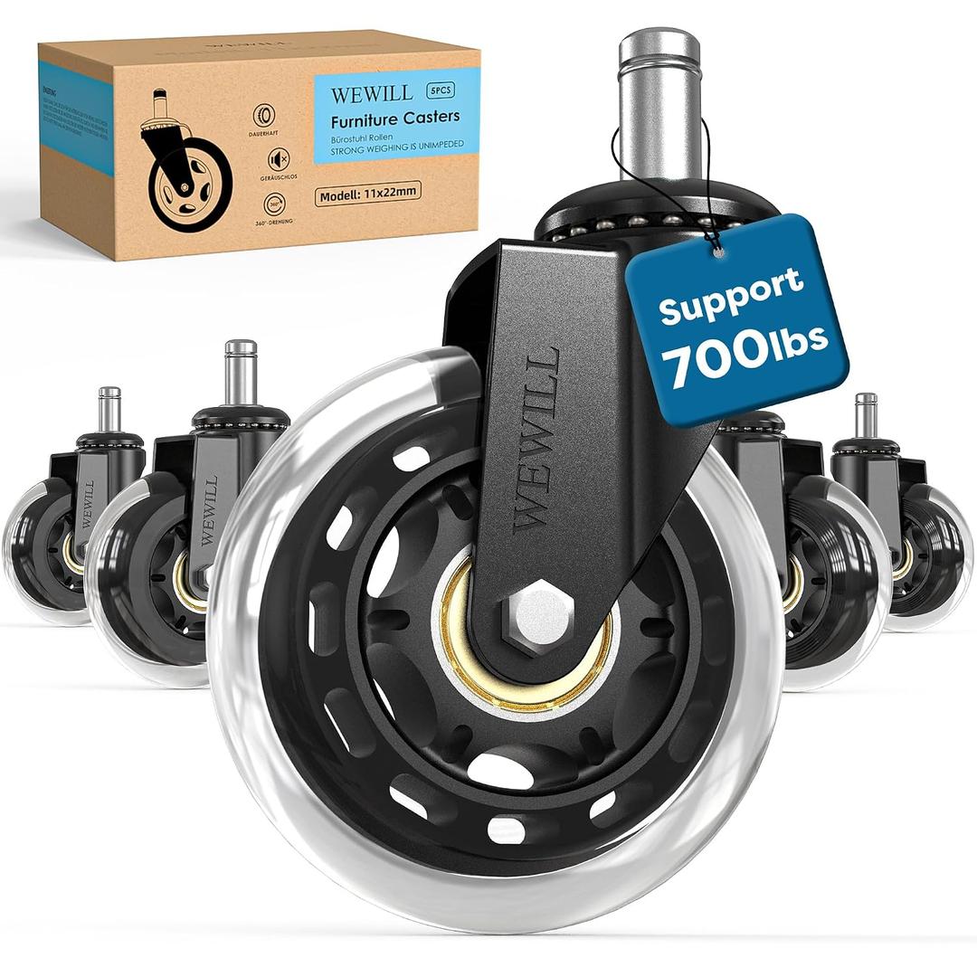 WEWILL Office Chair Wheels - Rubber Casters Replacement Universal Fit 98% Chair(Set of 5) Heavy Duty 3 Inch Smoothly & Quietly Safe for All Floor, Hardwood, Tile, Carpet, Noise Free - Clear