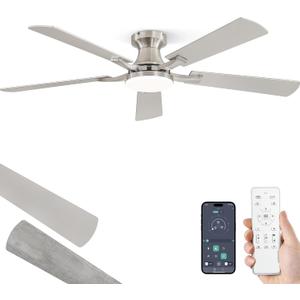 ZMISHIBO 52 Inch Ceiling Fan with Light, App&Remote Control, Flush Mount Low Profile, Dimmable 20W LED Light, Quiet Reversible Motor for Bedroom, Living Room, Apartment, Nickel