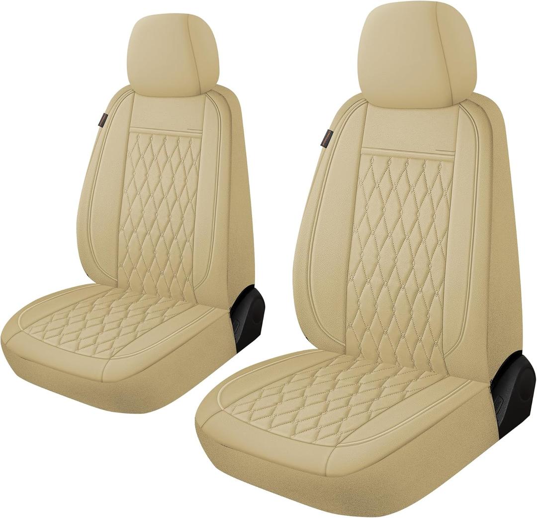 CAROMOP Faux Leather Car Seat Covers 2 Front Set,Luxury and Comfortable Seat Covers for Cars, Airbag Compatible Car Interior Covers, Universal Fit for Suvs,Vans,Trucks(Beige)