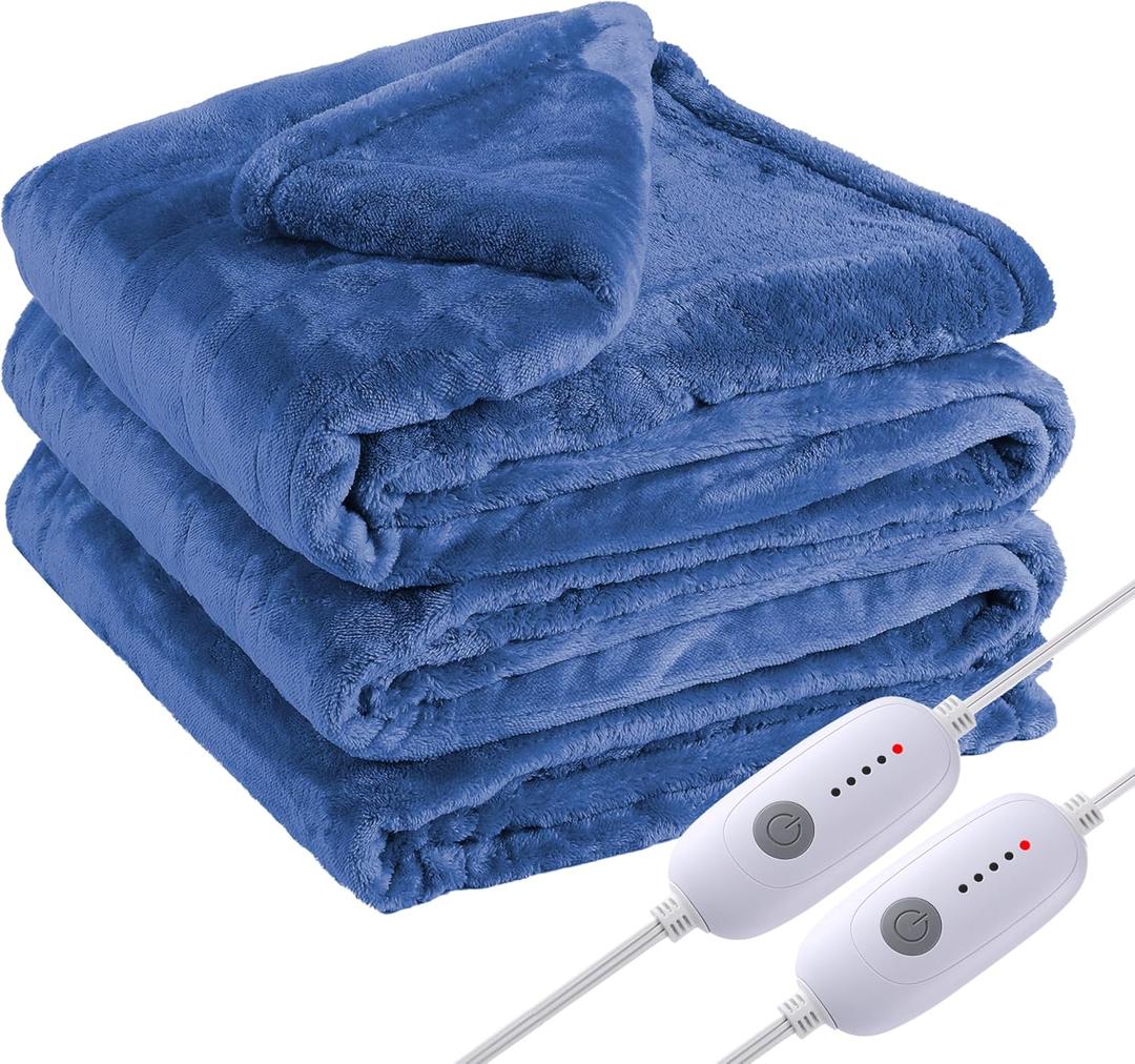 Electric Heated Blanket Queen Size 84"90" Dual Control, 5 Heating Settings & 10Hs Auto Off, Overheat Protect, Energy Efficient, for Sofa & Bed, Machine Washable, Denim Blue