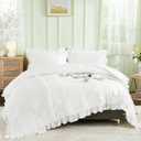 WONGS BEDDING White Queen Comforter Set,Boho Ruffle Comforter for Queen Bed,Soft Seersucker Shabby Chic Bedding Set with 1 Comforter,2 Tufted Pillowcases 90"90"