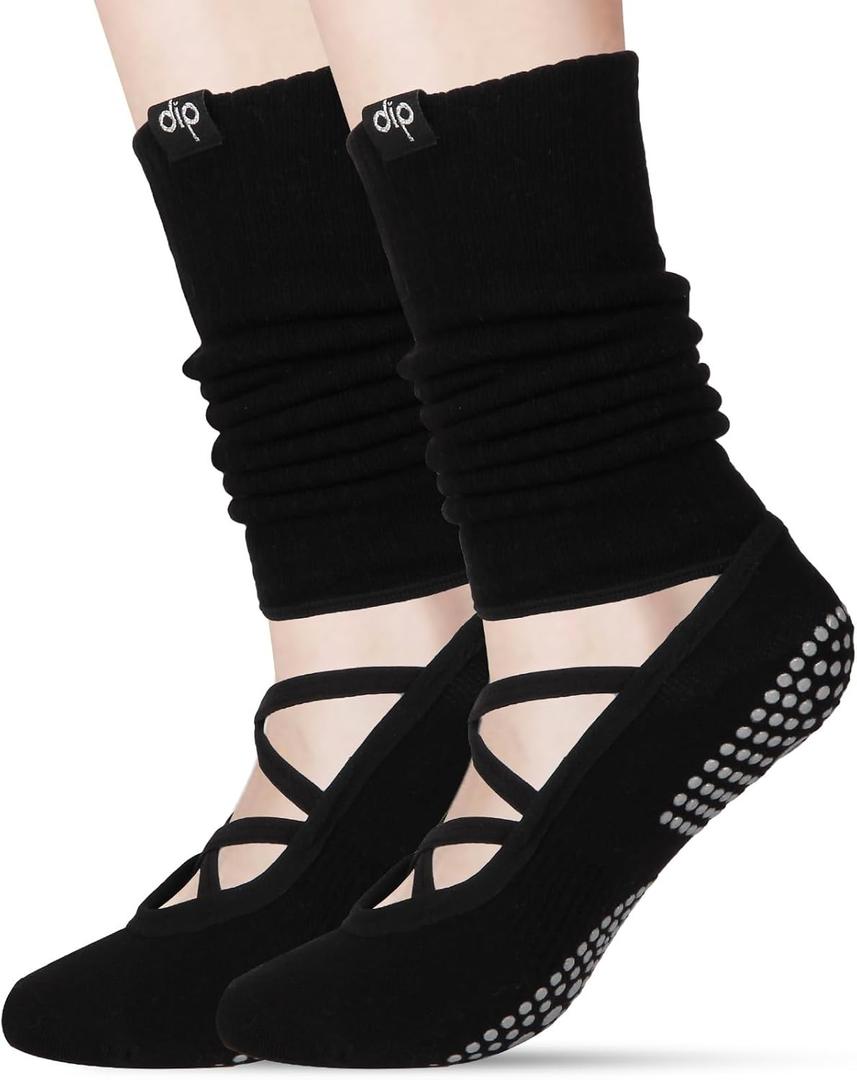 Pilates Socks with Grips for Women, Long Scrunch Slouch Slouchy Yoga Socks for Barre Workout (Black)