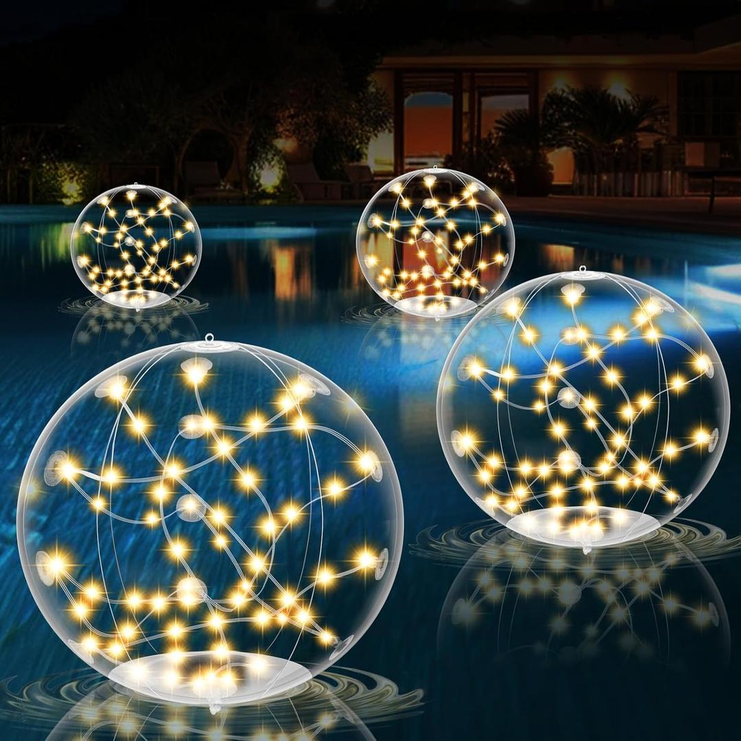 4 Pack Outdoor Solar Inflatable Pool Lights, 14.5" Floating LED Light Up Balls with Remote, 3000K Warm Glow, Dimmable & Auto On at Dusk, IP68 Waterproof, 3 Modes Perfect for Garden, Beach & Party