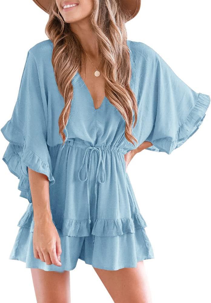 Valphsio Womens V Neck Beach Romper Ruffle Layered Drawstring Waisted Shorts Jumpsuit (X-Large, Sky Blue)
