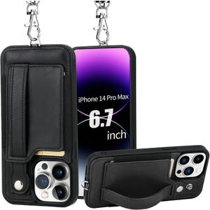 TOOVREN Wallet Case for iPhone 14 Pro Max with Card Holder Lanyard Phone Cover fits iPhone 14 Pro Max Case with Wallet Strap Stand Leather Kickstand for Women & Men 6.7 Inch Black
