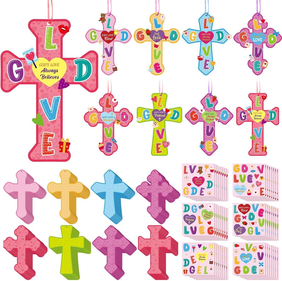 48 Set Religious Valentines Craft Kit DIY Christian Cross Crafts Sticker Romantic Make Your Own Jesus Ornament for Valentines Day VBS Art Project Home Party Activity