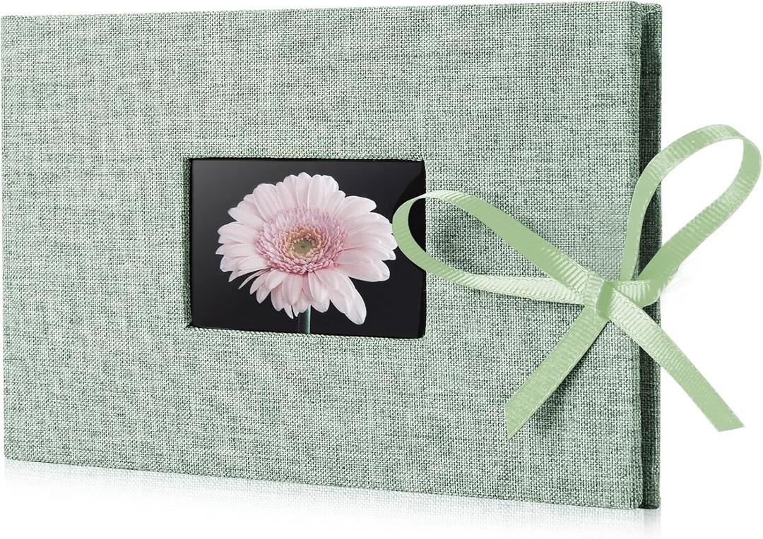 Small Photo Album 4x6, Picture Album Holds 24 Horizontal Photos, Linen Fabric Cover Picture Book for Photos with Front Window, Mini Brag Book Photo Books for Weddings Family Boudoir Green (12 Pockets/1PK)