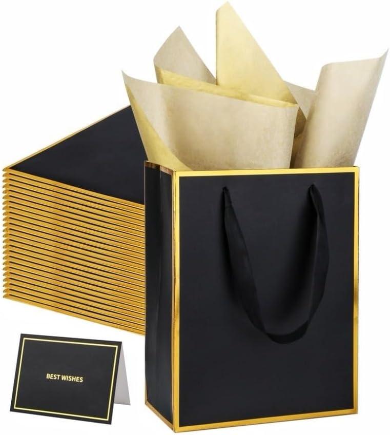 UoeRing 25 Pack Thank You Gift Bags with Handles 9.5x7.5x3.75 inch Gift Bags Medium Size Gift Bag with Tissue Paper and Card for Wedding Birthday Bridesmaid Holidays Mother's Day (Black Gold)
