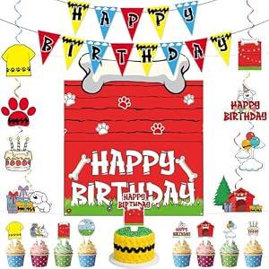 Cartoon Dog Red House Birthday Party Decorations Cute Dog Red House Happy Birthday Backdrop Banner Hanging Swirls Ceiling Decor Cute Paw Puppy Theme Cake Cupcake Toppers for Cartoon Party Supplies