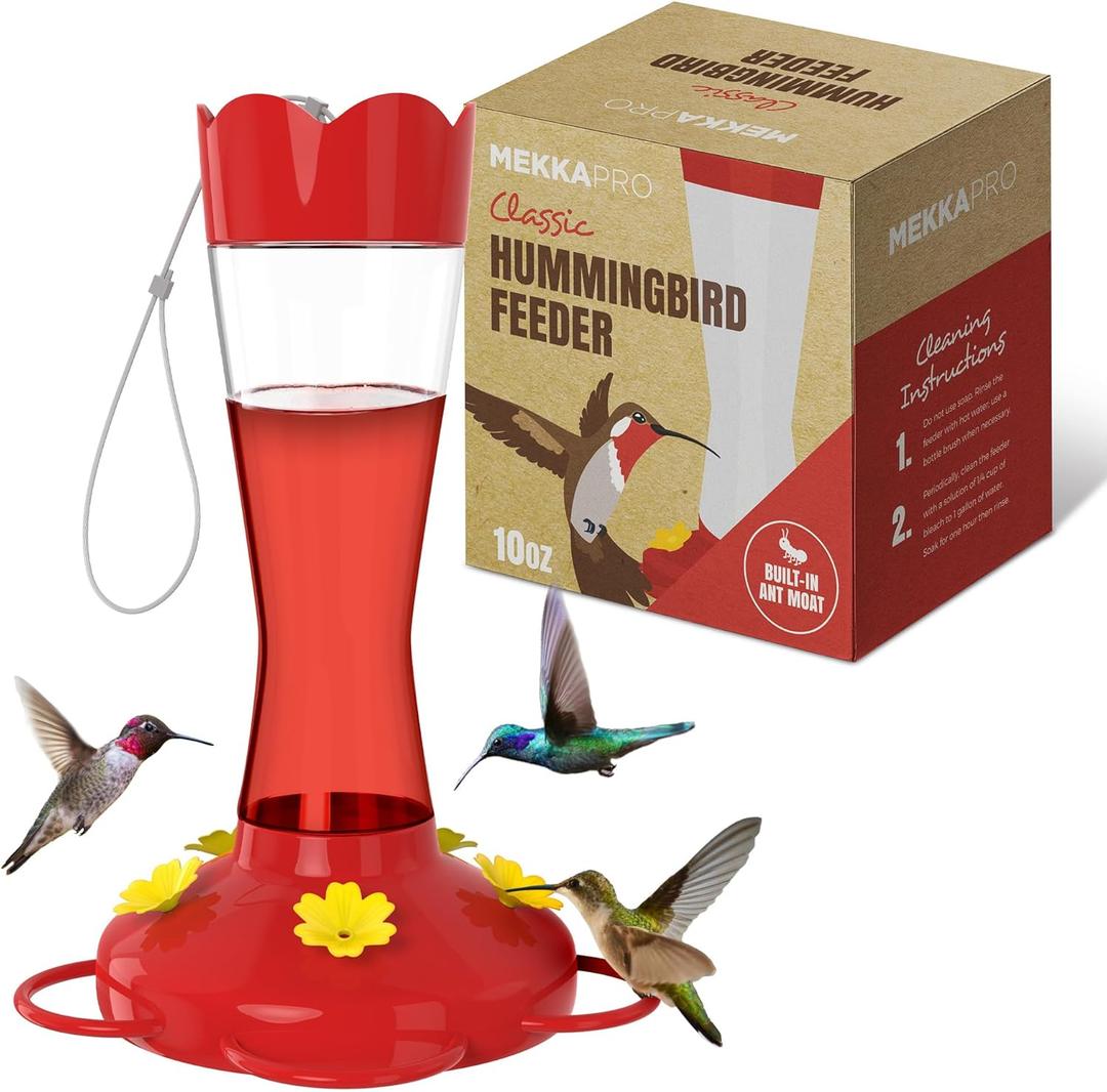 MEKKAPRO Outdoor Hummingbird Feeder Made from Glass, Humming Bird Feeders for Outdoors Hanging Ant and Bee Proof with 5 Nectar Feeding Stations, Bright Red, Backyard Feeder (10 Ounces) (Classic)