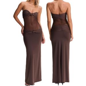 Womens Maxi Dress Removable Spaghetti Straps Knotted Twist Sweetheart See Through Night Club Party Cocktail Bodycon Dress (Small, Brown)