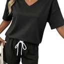 SHEWIN Women's 2 Piece Short Sets V Neck Short Sleeve T-Shirts and Drawstring Shorts Beach Vacation Outfits with Pockets (Black, S)