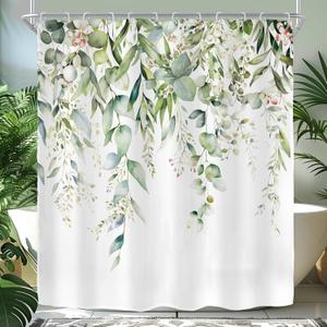 Riyidecor Sage Green Eucalyptus Shower Curtain, Fabric Cloth Bathroom Curtains, Leaves Plants Spring Floral Botanical Leaf Nature Watercolor Bath Shower Curtains Decor Set, 72x72 Inch