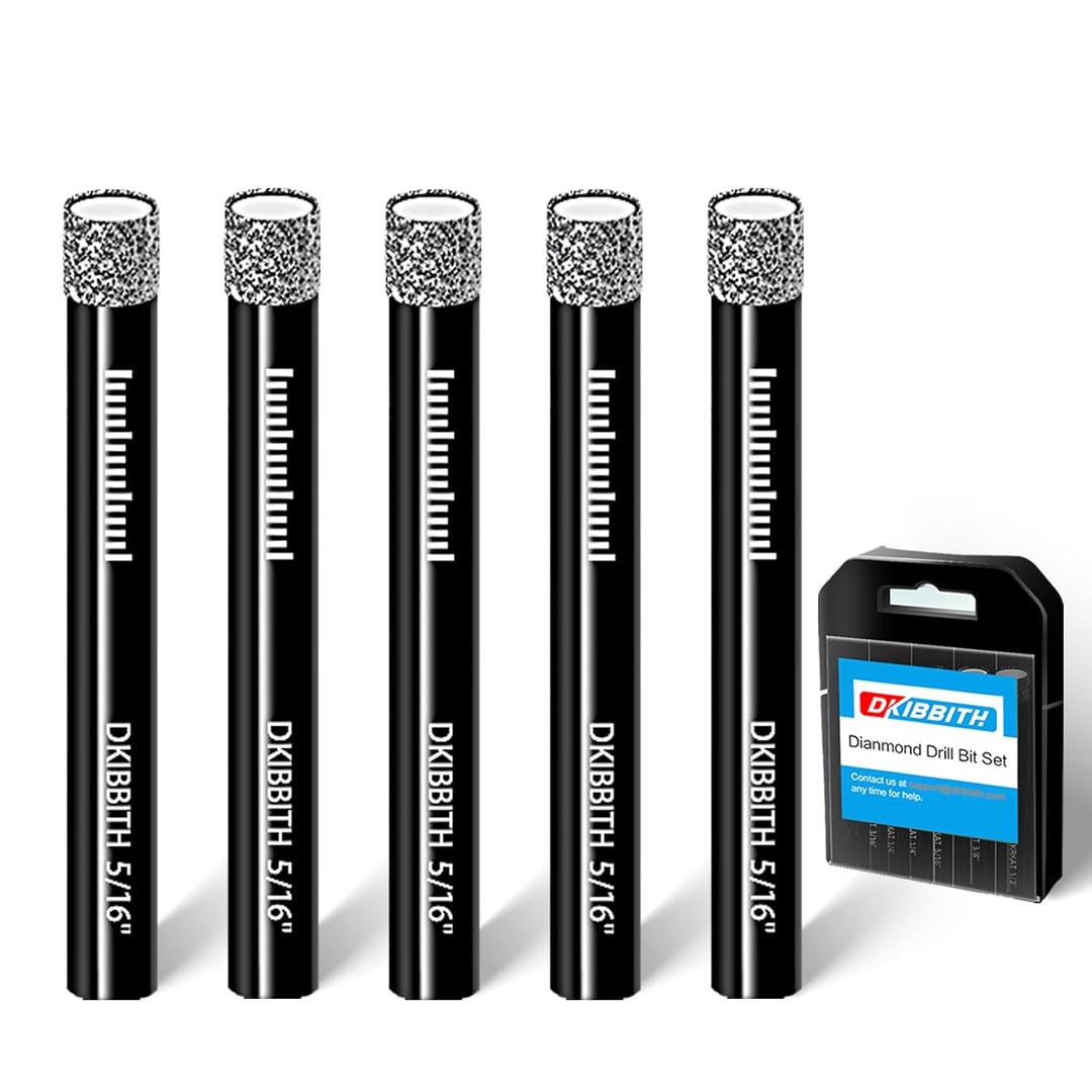 5-Pack 5/16" Diamond Core Drill Bits Set, 8mm Tile Drill bits for Ceramic Porcelain Marble Granite Tile Stone Glass Brick, Integrated Coolant for Fast Dry Drilling, Round Shank, with Storage Case