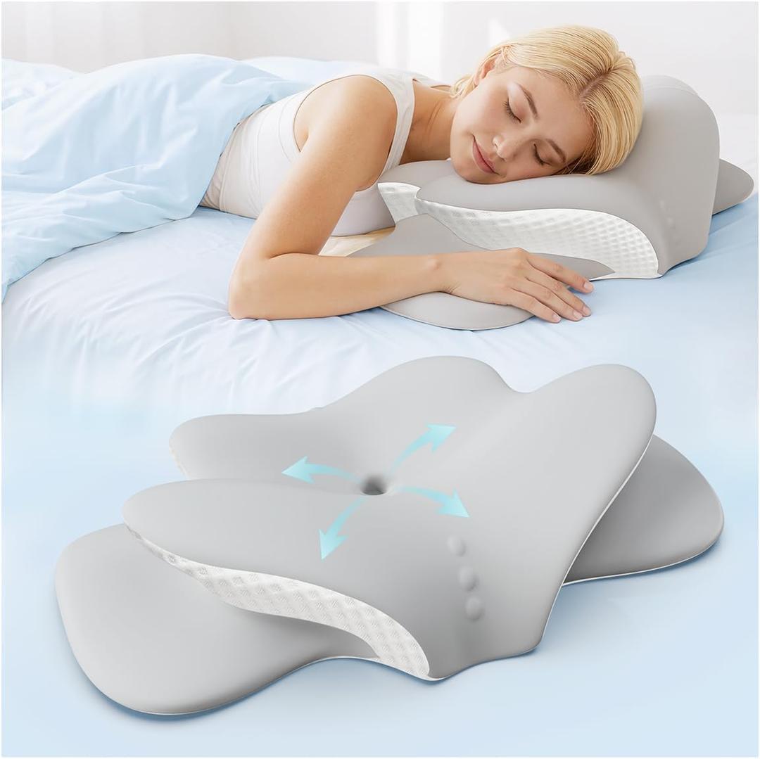 Cooling Cervical Neck Pillow for Sleeping, Ergonomic Memory Foam Pillows for Neck Support & Pain Relief, Odorless Adjustable Orthopedic Bed Pillows for Side Back Stomach Adults Sleepers (White)