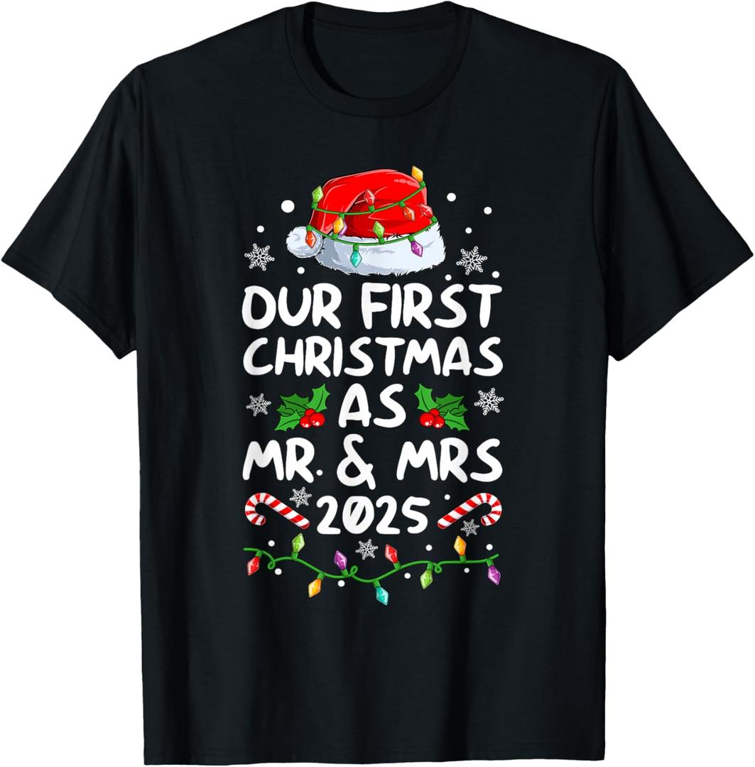 Our First Christmas As Mr Mrs 2025 Matching Couples Pajamas T-Shirt (Large, Black)