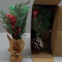 6 PCS Rustic Mini Christmas Tree Tabletop Set, Mixed Green Leaves, Red Berries and Pine Cones, 9 inch Artificial Trees with Burlap Bases, Ideal for Holiday Home Office Table Centerpiece