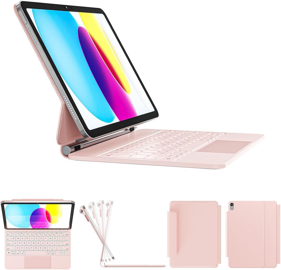 RAYMCRAFT for iPad 11th(A16, 2025)/10th Generation Case with Keyboard, Magic Keyboard 2022, Springy Backlit Keys, Stain-Resistant Surface, Multi-Touch Trackpad,Pink