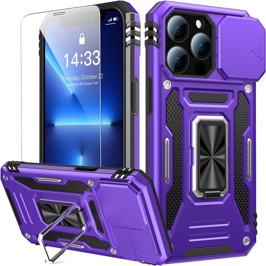 Goodon for iPhone 13 Pro Case with Sliding Camera Cover + Screen Protector - Metal Magnetic Kickstand - Military-Grade Shockproof Matte Protective Phone Cover 6.1" for Women Girls - Purple