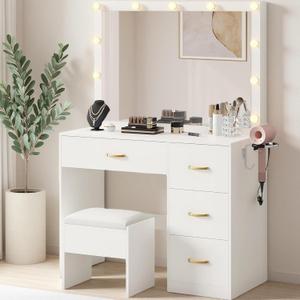 DWVO Makeup Vanity Desk with LED Mirror & 3 Brightness Levels, Makeup Table with 4 Drawers, Power Outlets, Hairdryer Holder & Cushion Stool for Dressing Room (Light White)