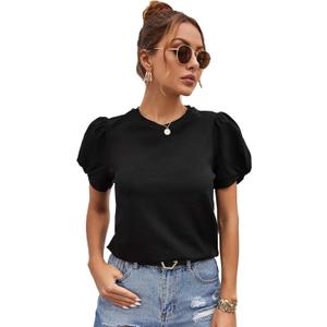 SweatyRocks Women's Summer Short Puff Sleeve Tee Top Round Neck T-Shirt (Beige)