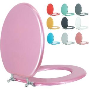 Round Toilet Seat Wood Toilet Seat Prevent Shifting with Zinc Alloy Hinges American Standard Size Toilet Seat Easy to Install also Easy to Clean (Round, Sparkling Pink)