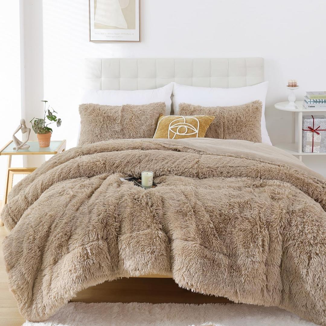 Smoofy Faux Fur Taupe Comforter Set Queen Size 3Pcs Fluffy Fuzzy Plush Comforter Set Cute Soft Shaggy Velvet Double-Sided Bedding Set (1 Faux Fur Comforter + 2 Pillowcases) (Khaki)