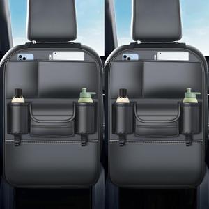 Backseat Car Organizer Leather Back of Seat Car Organizers for Drivers with Large Capacity 6 Storage Pockets Waterproof Kick Mats Seat Back Protector, 2 Pack