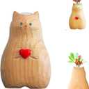 Cat Vase Handmade Wooden Vase, Home Decor Small Vases,Solid Wood Cat Statue Holding Heart Shaped,Modern Creative Cat Decor