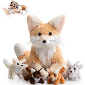 HyDren 5pcs Woodland Animals Plush Toys Set 13.4 Inch Large Fennec Fox Stuffed Animal with 4 Cute Baby Fox Plush Toys Gift for Valentines Day Birthday Baby Shower Party Decor