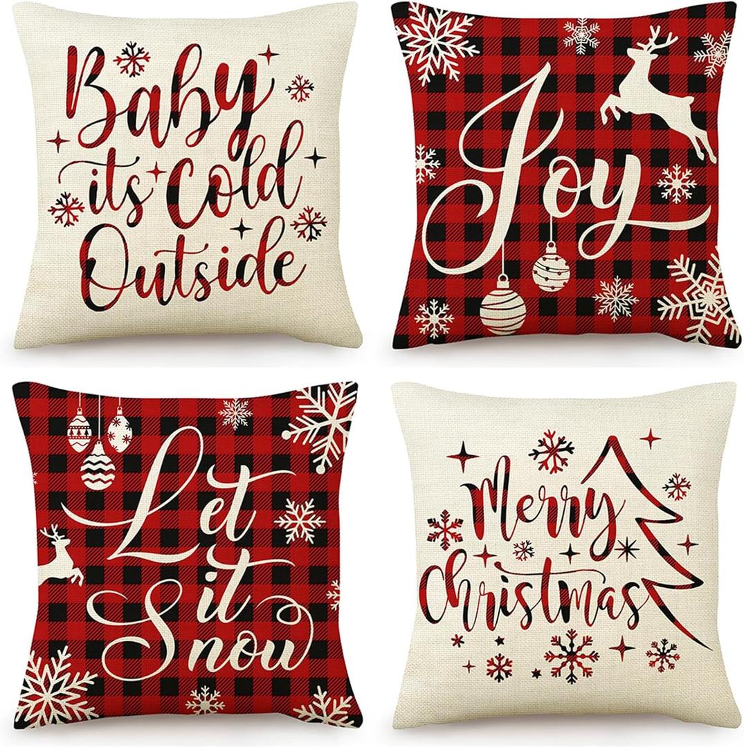 Christmas Pillow Covers 18x18 Set of 4 Christmas Decorations White and Red Pillow Cases Winter Outdoor Decor Snowflake Deer Xmas Tree Cushion Covers for Couch Sofa Bed Car