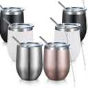 COMOOO Stainless Steel Wine Tumbler with Lid and Straw 12oz Double Wall Vacuum Insulated Travel Tumbler Cup for Coffee, Wine, Cocktails, Champagne (Black White Silver and Rose Gold,6 Pack)