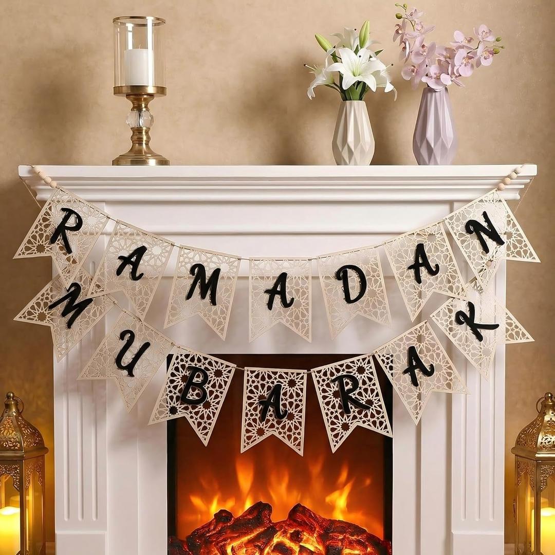 2 Pcs Eid Ramadan Mubarak Wooden Banner-Rustic Bead Ramadan Decorations Black Letter Muslim Party Decor Supplies for Home Fireplace Indoor Outdoor Holiday CelebrationDIY Kit: Hand-Assemble Your