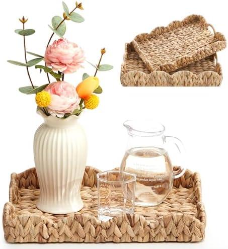 Havawish 2 Pcs Scalloped Edge Rattan Tray Scalloped Wicker Basket for Decoration Serving Tray with Handles Rattan Decorative Scallop Baskets for Table Decor, 2 Sizes
